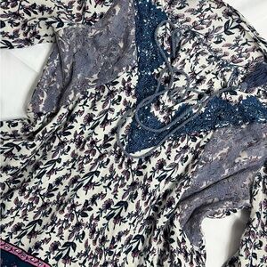 Boho Floral Peasant Top with Lace Trim